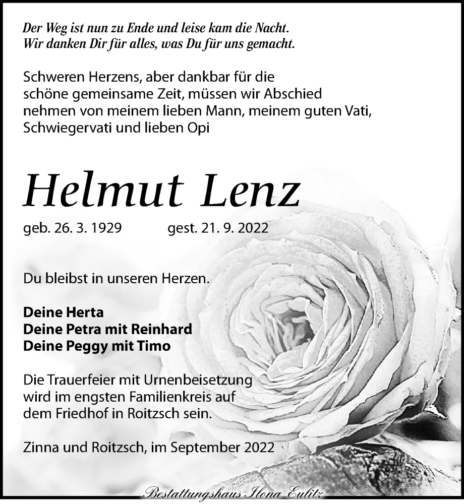  Traueranzeige für Helmut Lenz vom 01.10.2022 aus Torgauer Zeitung