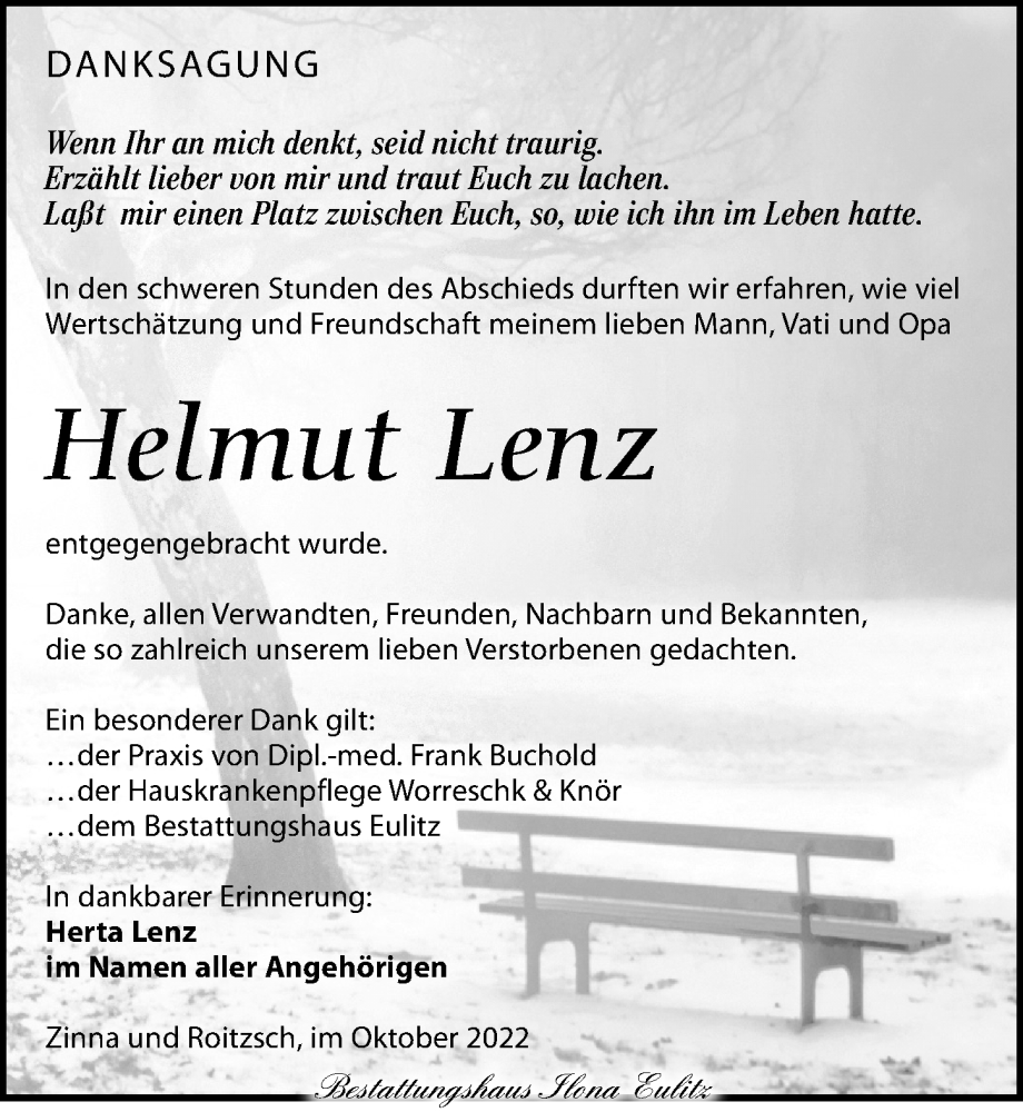  Traueranzeige für Helmut Lenz vom 22.10.2022 aus Torgauer Zeitung