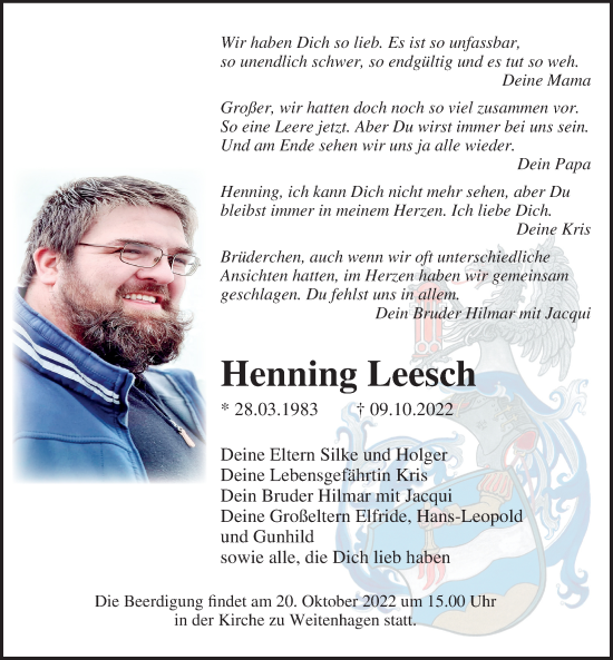 Traueranzeige von Henning Leesch von Ostsee-Zeitung GmbH