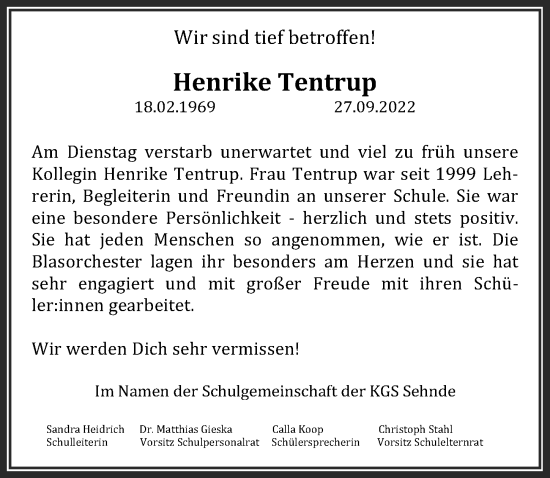 Traueranzeige von Henrike Tentrup von Hannoversche Allgemeine Zeitung/Neue Presse