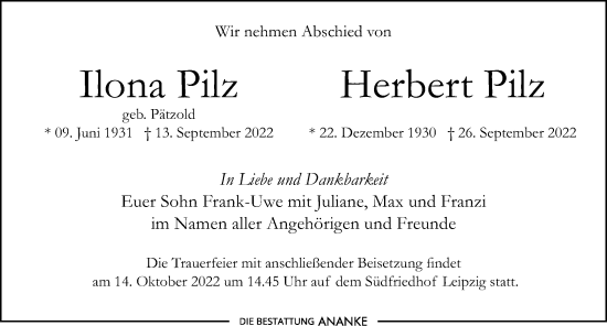 Traueranzeige von Herbert Pilz von Leipziger Volkszeitung