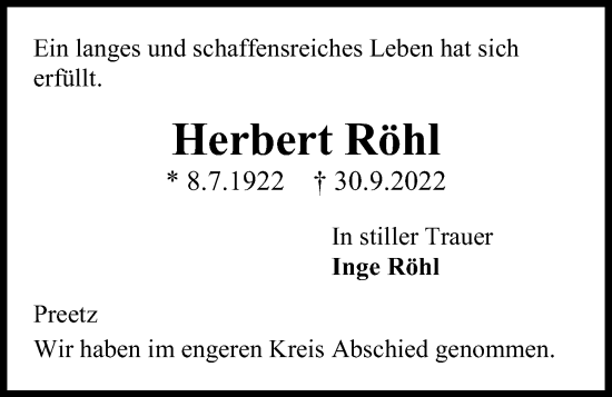 Traueranzeige von Herbert Röhl von Kieler Nachrichten