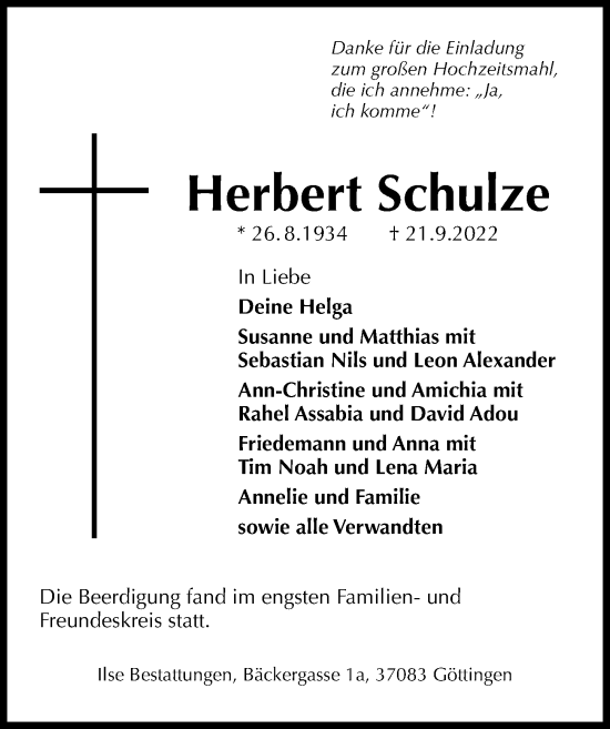 Traueranzeige von Herbert Schulze von Göttinger Tageblatt