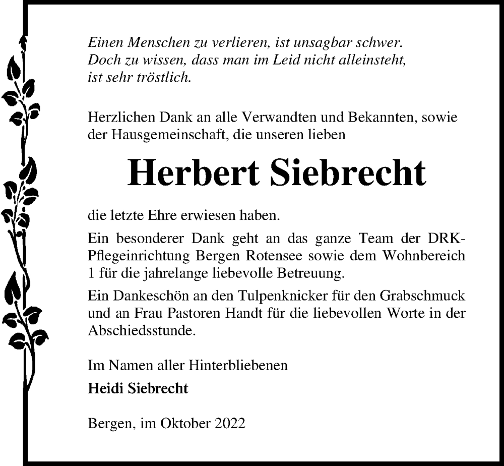 Traueranzeigen von Herbert Siebrecht | trauer-anzeigen.de