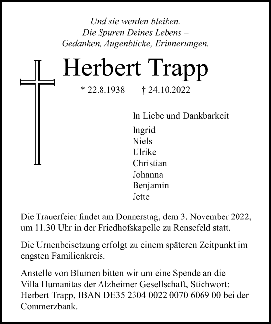 Traueranzeige von Herbert Trapp von Lübecker Nachrichten