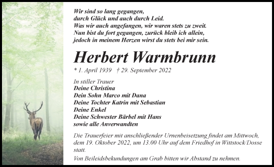 Traueranzeige von Herbert Warmbrunn von Märkischen Allgemeine Zeitung