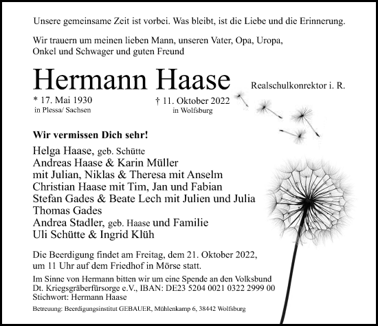 Traueranzeige von Hermann Haase von Aller Zeitung