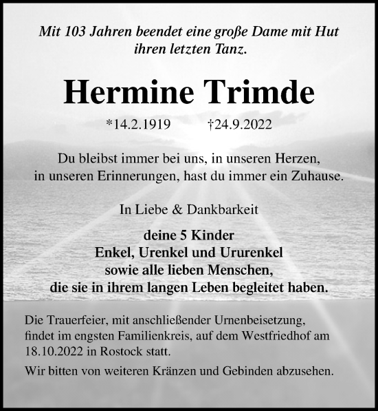 Traueranzeige von Hermine Trimde von Ostsee-Zeitung GmbH