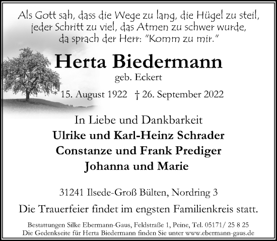 Traueranzeige von Herta Biedermann von Peiner Allgemeine Zeitung