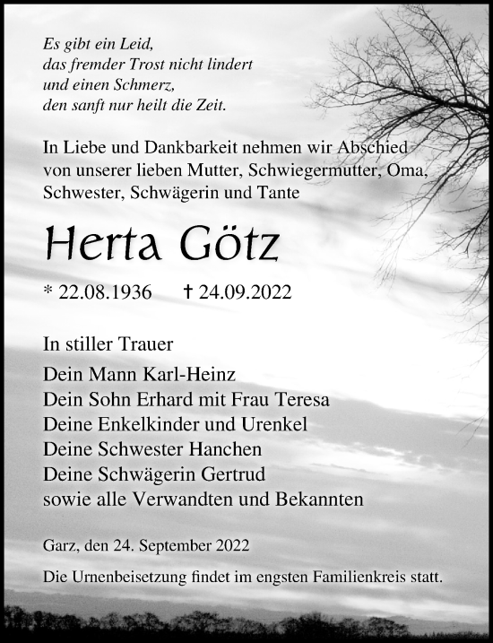 Traueranzeige von Herta Götz von Ostsee-Zeitung GmbH