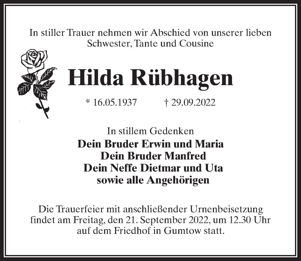  Traueranzeige für Hilda Rübhagen vom 15.10.2022 aus Märkischen Allgemeine Zeitung