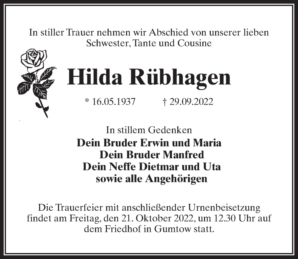 Traueranzeige für Hilda Rübhagen vom 19.10.2022 aus Märkischen Allgemeine Zeitung