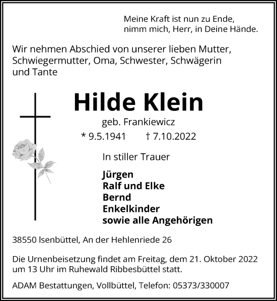 Traueranzeige von Hilde Klein von Aller Zeitung