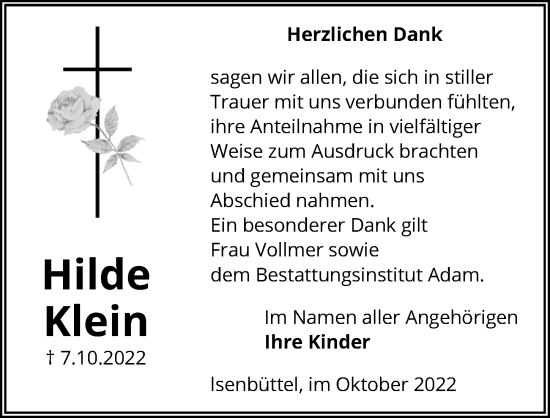 Traueranzeige von Hilde Klein von Aller Zeitung