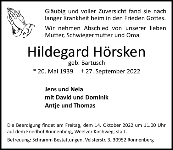 Traueranzeige von Hildegard Hörsken von Hannoversche Allgemeine Zeitung/Neue Presse