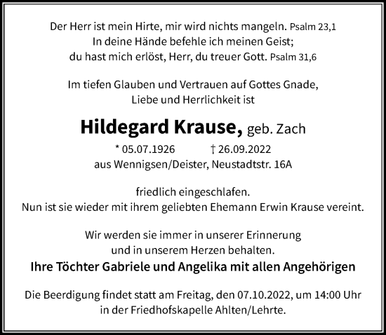 Traueranzeige von Hildegard Krause von Hannoversche Allgemeine Zeitung/Neue Presse