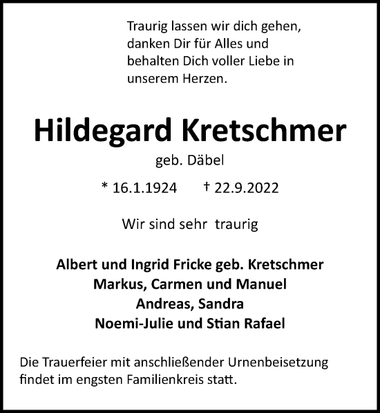 Traueranzeige von Hildegard Kretschmer von Göttinger Tageblatt