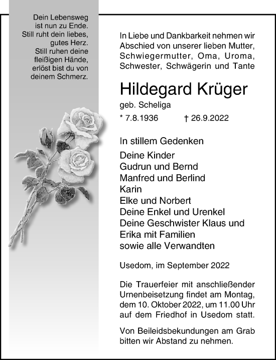Traueranzeige von Hildegard Krüger von Ostsee-Zeitung GmbH