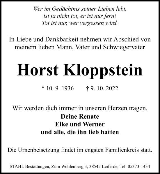 Traueranzeige von Horst Kloppstein von Aller Zeitung