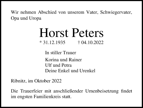 Traueranzeige von Horst Peters von Ostsee-Zeitung GmbH