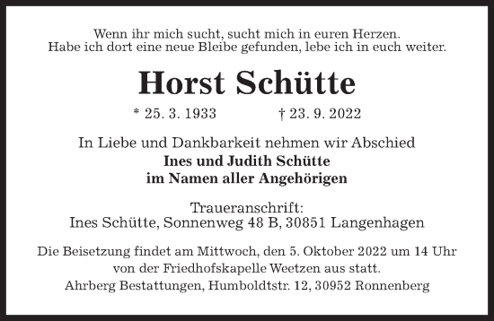 Traueranzeige von Horst Schütte von Hannoversche Allgemeine Zeitung/Neue Presse
