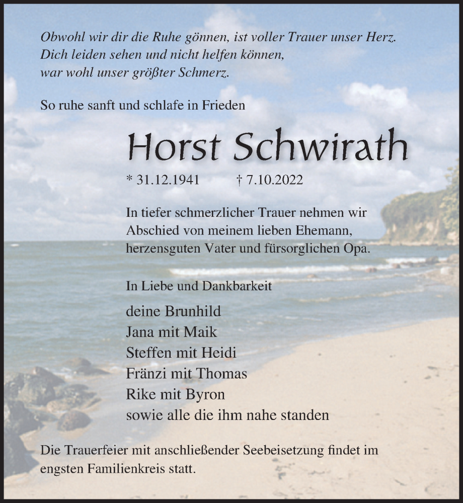  Traueranzeige für Horst Schwirath vom 15.10.2022 aus Ostsee-Zeitung GmbH