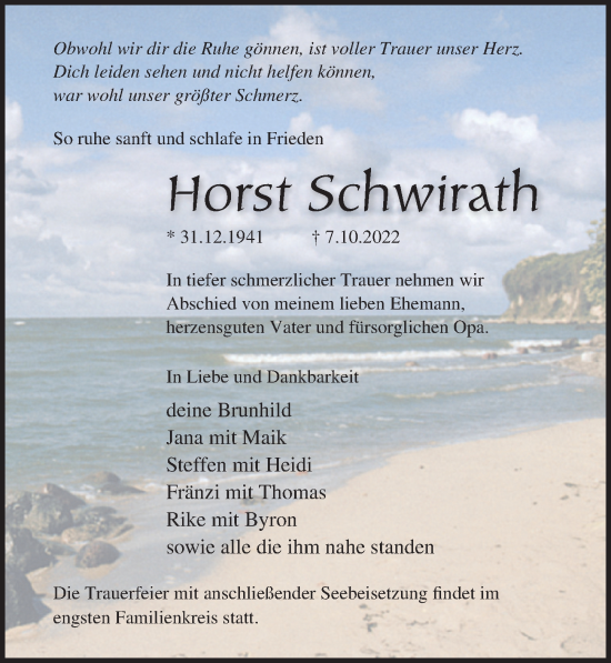 Traueranzeige von Horst Schwirath von Ostsee-Zeitung GmbH