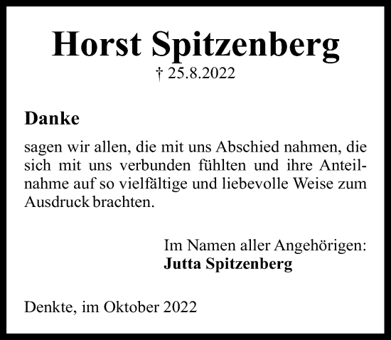 Traueranzeige von Horst Spitzenberg von Peiner Allgemeine Zeitung