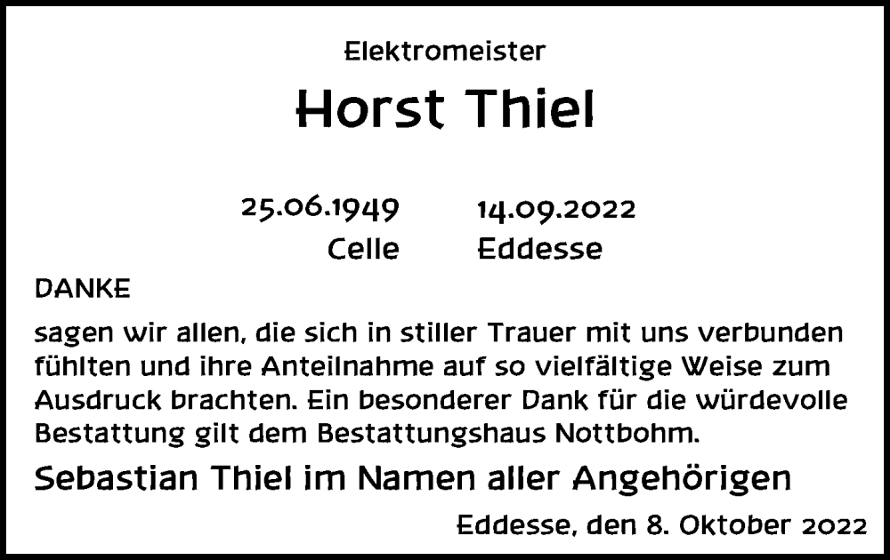  Traueranzeige für Horst Thiel vom 08.10.2022 aus Peiner Allgemeine Zeitung