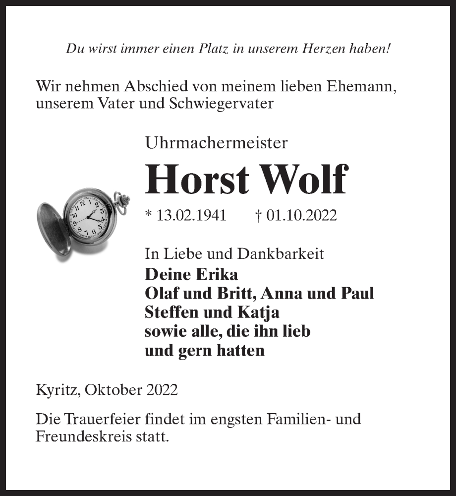  Traueranzeige für Horst Wolf vom 08.10.2022 aus Märkischen Allgemeine Zeitung