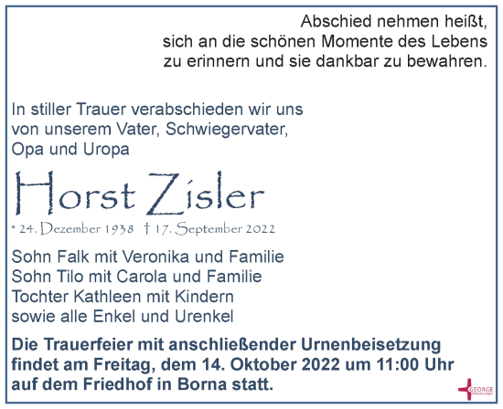 Traueranzeige von Horst Zisler von Leipziger Volkszeitung