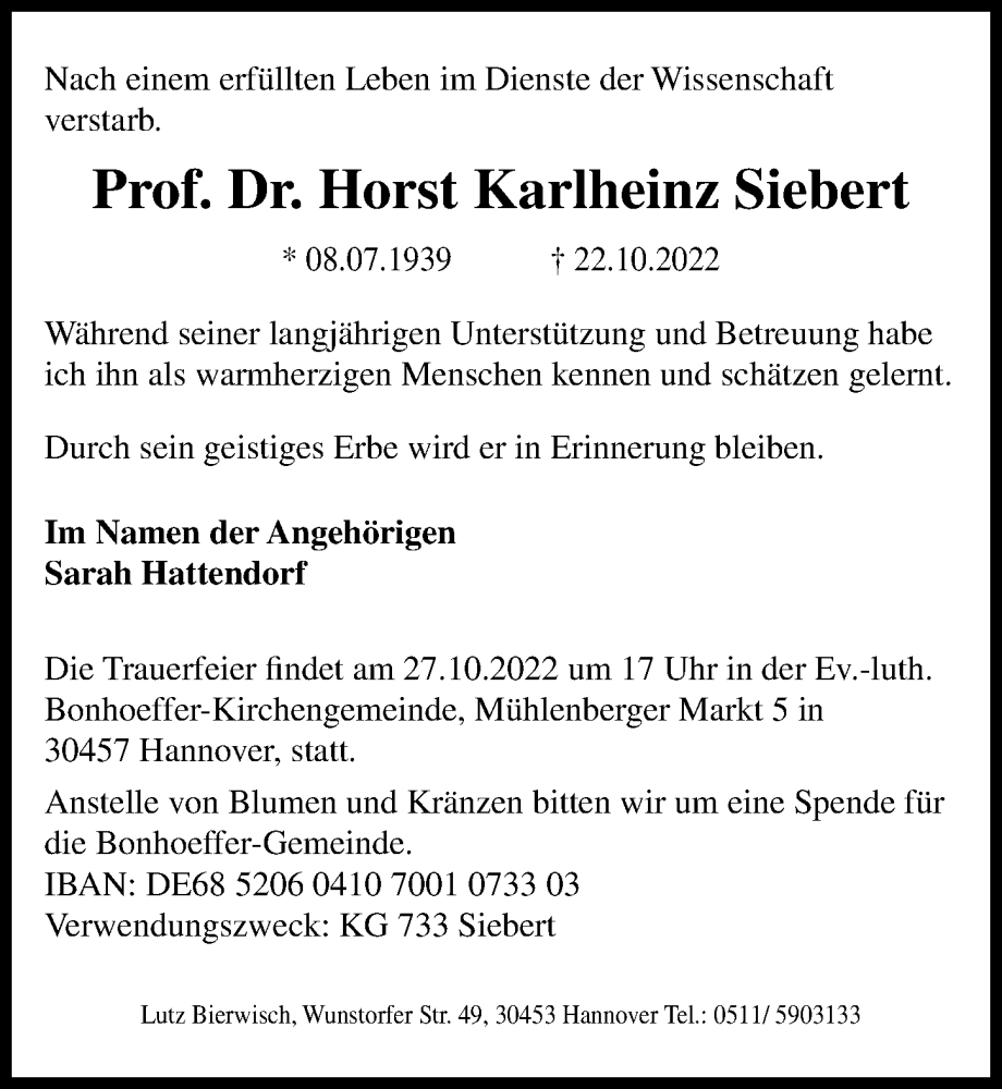  Traueranzeige für Horst Karlheinz Siebert vom 25.10.2022 aus Hannoversche Allgemeine Zeitung/Neue Presse
