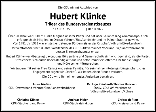 Traueranzeige von Hubert Klinke von Peiner Allgemeine Zeitung