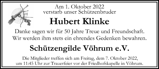 Traueranzeige von Hubert Klinke von Peiner Allgemeine Zeitung