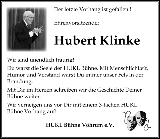 Traueranzeige von Hubert Klinke von Peiner Allgemeine Zeitung