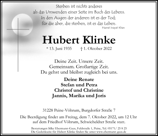 Traueranzeige von Hubert Klinke von Peiner Allgemeine Zeitung