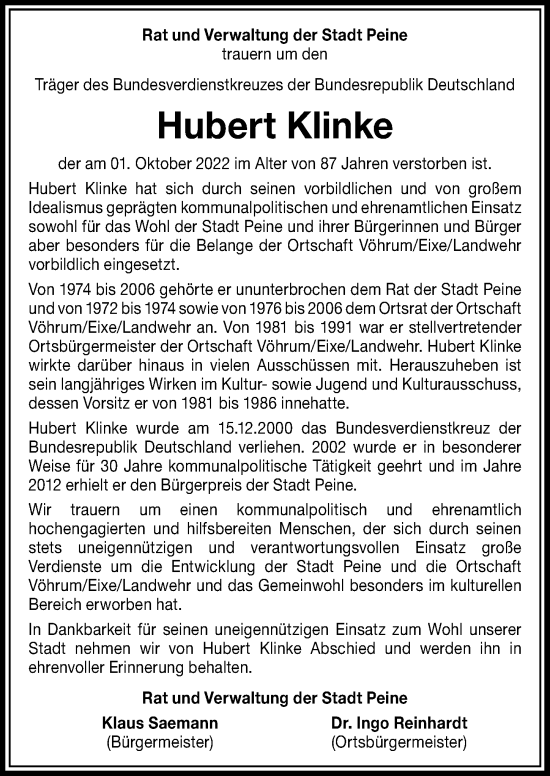 Traueranzeige von Hubert Klinke von Peiner Allgemeine Zeitung