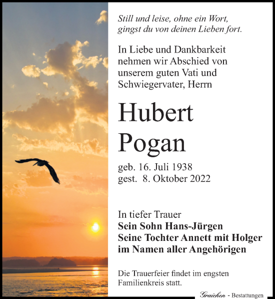 Traueranzeige von Hubert Pogan von Leipziger Volkszeitung