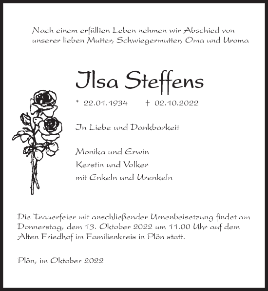 Traueranzeige von Ilsa Steffens von Kieler Nachrichten