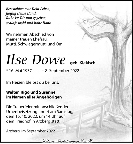 Traueranzeige von Ilse Dowe von Torgauer Zeitung