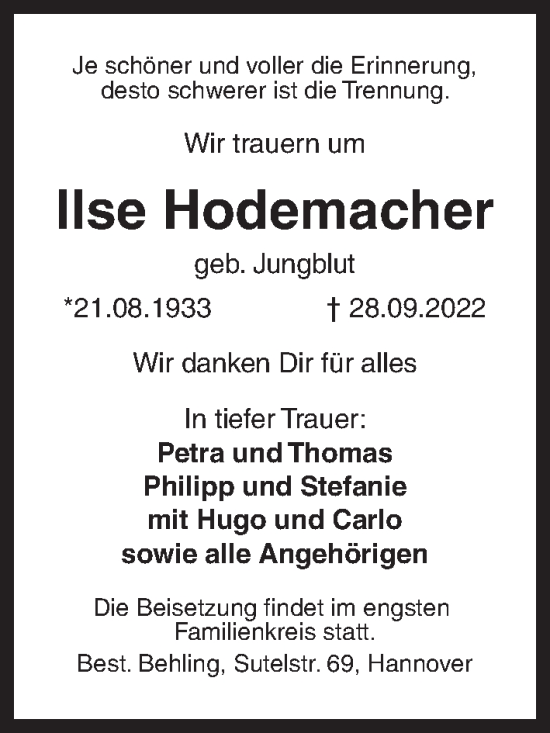 Traueranzeige von Ilse Hodemacher von Hannoversche Allgemeine Zeitung/Neue Presse