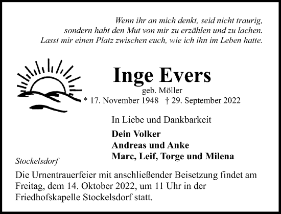 Traueranzeige von Inge Evers von Lübecker Nachrichten