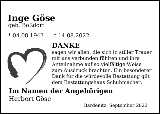Traueranzeige von Inge Göse von Märkischen Allgemeine Zeitung