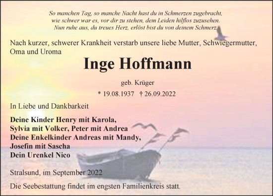 Traueranzeige von Inge Hoffmann von Ostsee-Zeitung GmbH