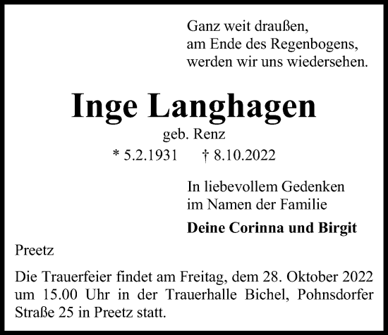 Traueranzeige von Inge Langhagen von Kieler Nachrichten