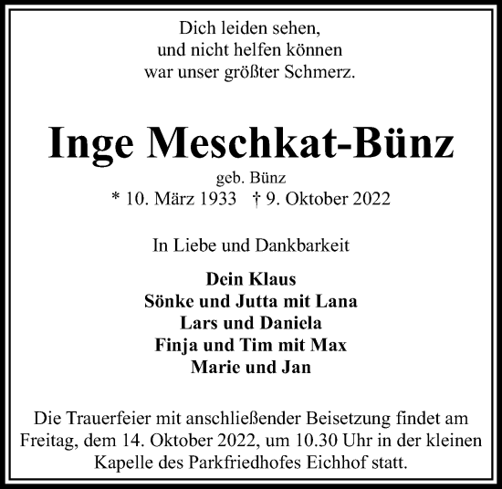 Traueranzeige von Inge Meschkat-Bünz von Kieler Nachrichten