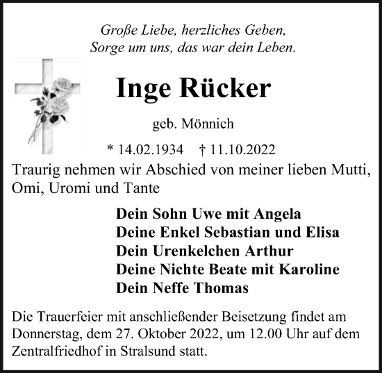 Traueranzeige von Inge Rücker von Ostsee-Zeitung GmbH