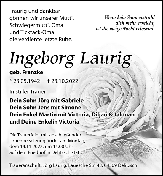 Traueranzeige von Ingeborg Laurig von Leipziger Volkszeitung