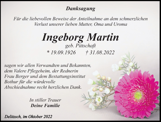 Traueranzeige von Ingeborg Martin von Leipziger Volkszeitung