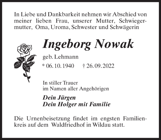 Traueranzeige von Ingeborg Nowak von Märkischen Allgemeine Zeitung